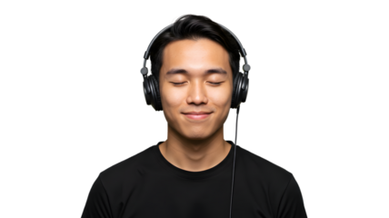 Relaxing music listening experience with headphones for asian man on a dark background studio shot on transparent background