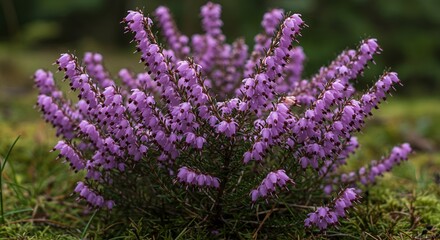 Obraz premium Detailed Erica Cinerea Heather Exhibiting Dense Clusters of Vibrant Purple Flowers in Soft Natural Light on Green Background Ideal for Decoration and Botanical Studies