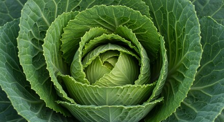 Fototapeta premium Detailed Green Cabbage Close Up Featuring Concentric Leaf Layers and Intricate Veins Highlighting Fresh Organic Texture Perfect for Healthy Eating and Vegetarian Themes