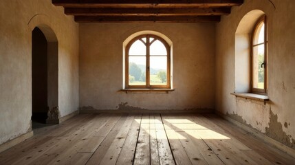 Rustic Interior Sunlight Illuminates Empty Room with Wooden Floor and Arch Windows