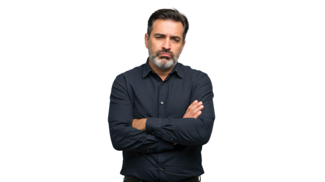 Portrait of a sad man with arms crossed looking upset and disappointed isolated on transparent background