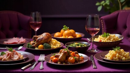 A Festive Table Setting with Roasted Chicken, Sausages, and Various Side Dishes, Perfect for a Special Occasion