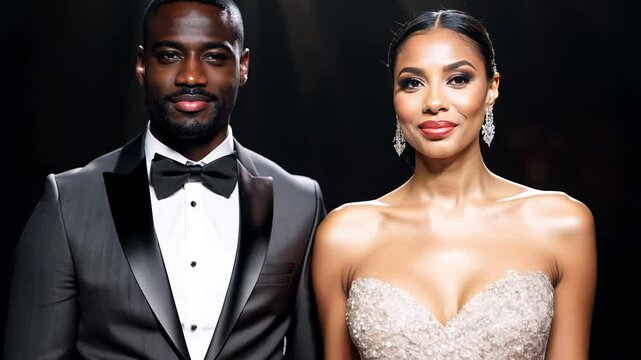 Slow zoom video, showcasing a black man with ebony skin and an east asian woman with porcelain skin, both exuding confidence in elegant wear