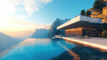 Modern large house on the edge of a cliff, with a large swimming pool, glass walls, background wallpaper AI generated image