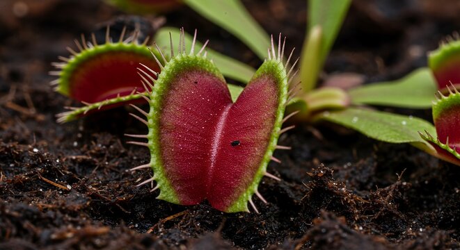 Detailed Macro of Venus Flytrap Trap Mechanism with Roots Displaying Red Interior and Green Spiky Edges on Dark Soil Background For Education and Nature Enthusiasts