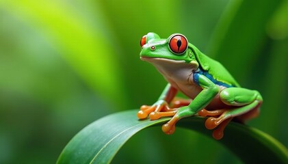 Green tree frog perched on white, vibrant color , nature, wildlife