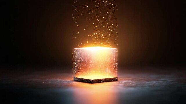 Mysterious Box: A glowing cubic object emits radiant particles against a dark backdrop, suggesting a treasure chest or container filled with energy. Capturing themes of mystery, potential, and wonder.