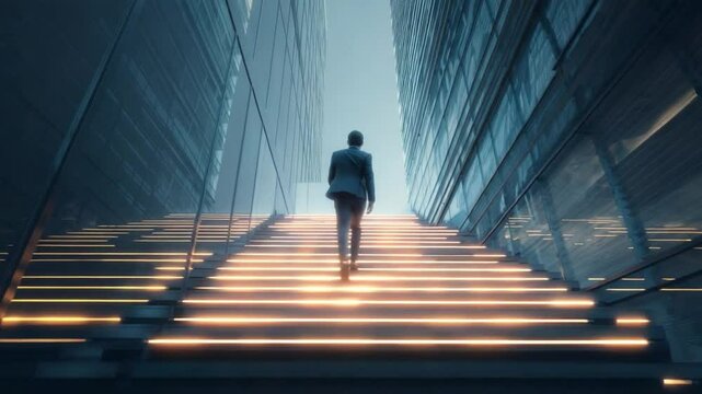 Ascending Towards Success: An individual strides purposefully up a grand staircase framed by imposing modern architecture, suggesting a journey of ambition and progress.