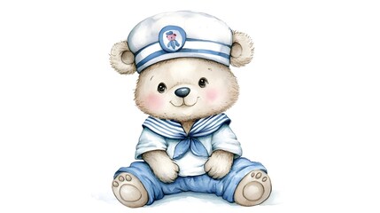 Adorable Baby Bear in Sailor Outfit Sitting Cheerfully in Watercolor