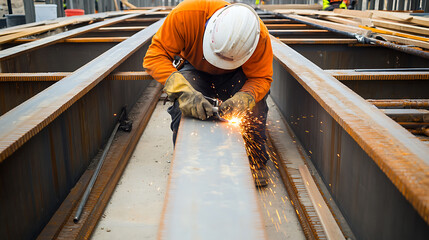 Construction Worker Welding Steel Beams