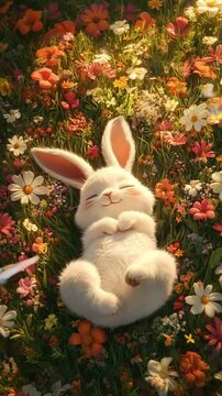 Adorable Fluffy White Bunny Smiling Peacefully While Lying on Colorful Spring Meadow Full of Wildflowers in Warm Golden Sunlight