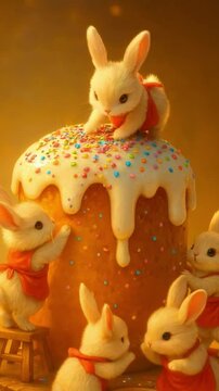Image of Adorable Cartoon Bunnies in Red Aprons Decorating a Giant Frosted Cake with Colorful Sprinkles in a Warm Golden Light