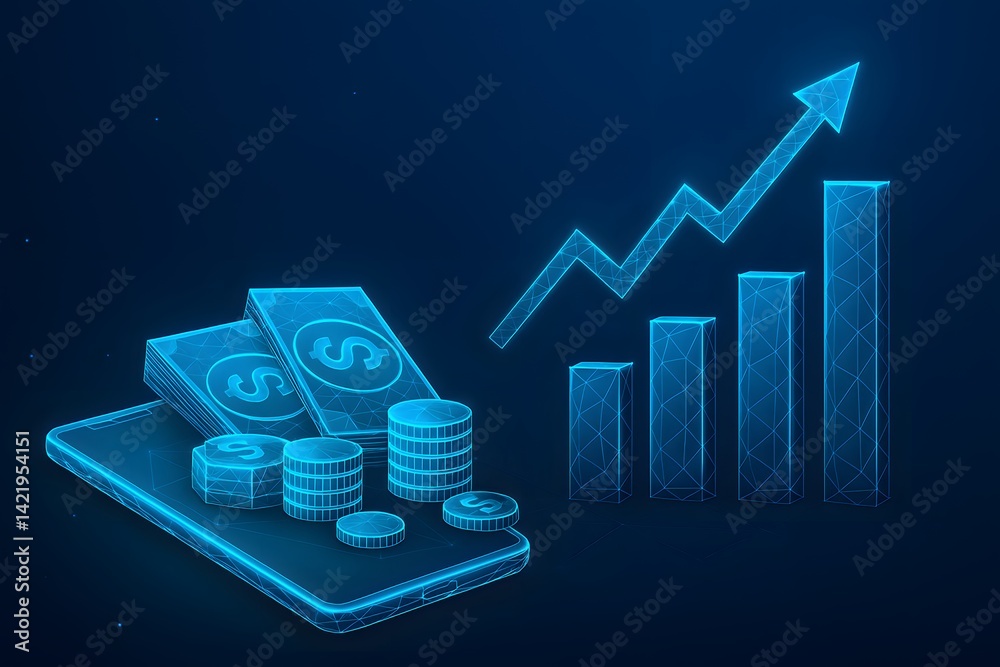 Poster digital finance growth concept with currency and chart visualization
