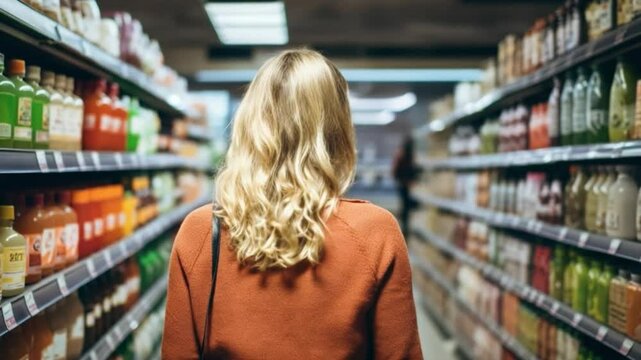 Woman Shopping in Supermarket Aisle: A blonde woman with long wavy hair, seen from behind, walks down a supermarket aisle filled with various bottles and products.
