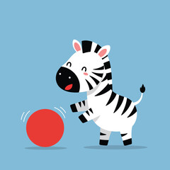 Cute baby zebra playing with red ball on blue background in square format vector illustration 