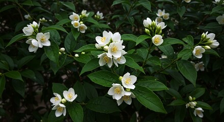 Jasmine Sambac Displaying Flower Clusters and Leaf Arrangement with Detailed Botanical Accuracy Perfect for Decor Purity and Elegance Symbolization Close Up View