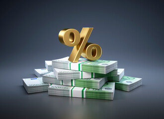 Stack of banknotes with percentage sign on top - 3D illustration