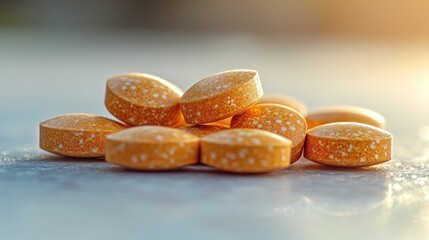 Close-up of orange tablets on a surface with soft sunlight.