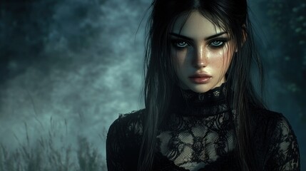 Fototapeta premium Gothic girl wearing a black lace dress, background wallpaper AI generated image