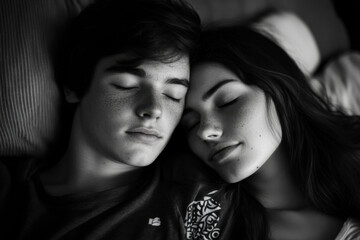 Couple cuddling in bed, surrounded by warm blankets and soft pillows, smiling at each other lovingly.