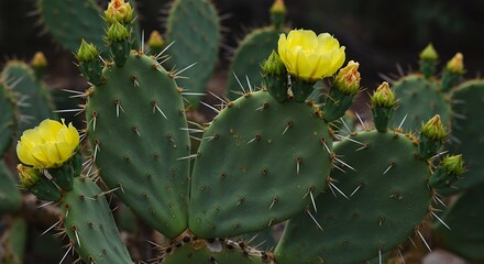 Opuntia Ficus Indica Cactus Displaying Sharp Spines and Bright Yellow Flowers in Natural Sunlight with Detailed Textures for Desert Botanical Study and Ecological Awareness