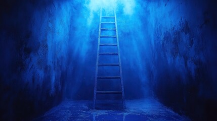 Wooden ladder in a dark blue, misty, grunge room.