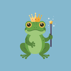 Frog with golden crown holding magic wand on blue background vector illustration 