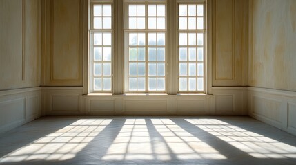 Sunlight streams through large windows in an empty room with white walls and wood paneling.