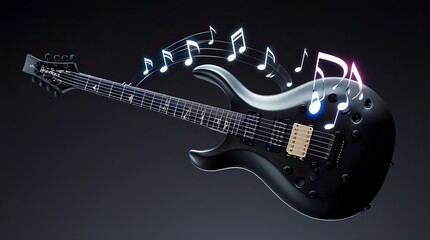 Floating Modern Guitar with Musical Notes – Isolated on Black Background
