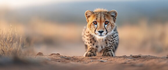 Baby cheetah cub stares forward on a dirt path. Spotted fur, orange eyes, and blurred background