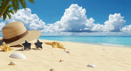 Obraz premium 夏のイメージ。海と夏を感じるグッズの背景イメージ