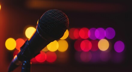 Obraz premium Microphone on Stage with Colorful Bokeh Background for Performance