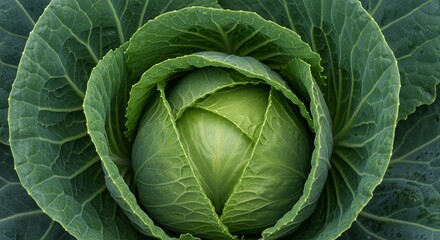 Fototapeta premium Vibrant Green Cabbage Head With Layered Leaves Showing Natural Textures and Concentric Patterns Perfect for Culinary and Nutrition Projects and Ecological Campaigns