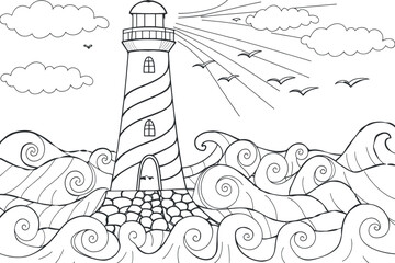 Whimsical Lighthouse Coloring Page with Ocean Waves