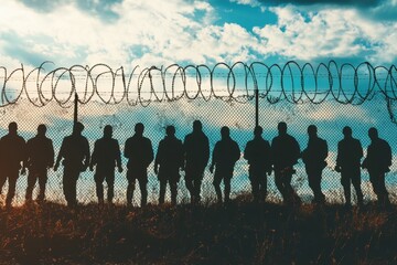 Naklejka premium Group of silhouette figures standing by barbed wire fence against cloudy sky backdrop