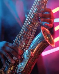Dynamic saxophone performance with vibrant neon lights, representing musical expression and artistic passion. Ideal for jazz concerts, music festivals, and creative arts promotions.