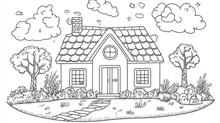 Naklejka premium Cute cottage illustration, tranquil landscape, coloring book, kid's activity