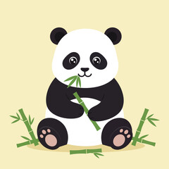 Fototapeta premium Panda eating bamboo sitting cute animal illustration with black and white colors 