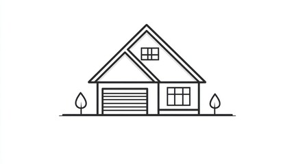 Simple line drawing of a two-story house with garage and landscaping. Stock photo for house design or architectural concepts