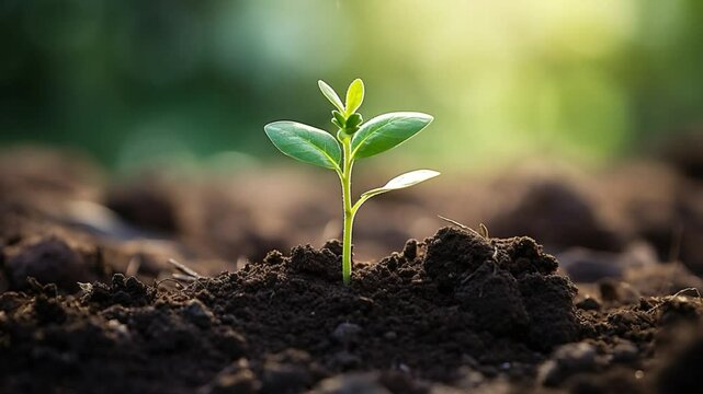 Tiny Seedling's Ascent: Witness the delicate birth of life as a young seedling emerges from fertile earth, bathed in sunlight. Embodying the resilience and hope of new beginnings