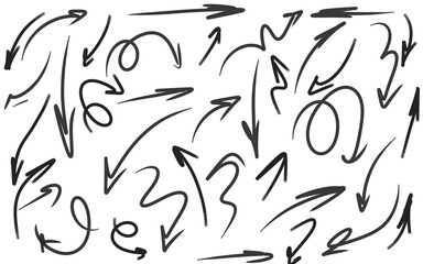 Collection of hand drawn doodle arrows isolated on transparent background. Simple Arrow icons.