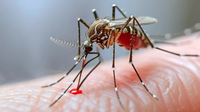 Mosquito feeding on skin: A close-up shot of a mosquito taking a blood meal, showcasing its intricate details and the process of feeding, highlighting the insect's features and the effect on the skin.