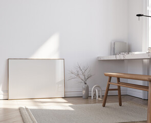 Minimalism interior with mockup poster, pure light and shadow in art room, 3d illustration.