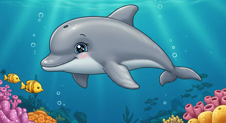 Fototapeta premium Swimming Dolphin Cartoon Illustration with Fish and Coral