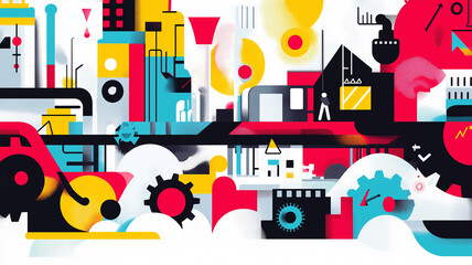 background for International Labor Day, energetic and bold composition using symbolic objects only gears, hard hats, tools, factories, sparks, rising sun, dynamic arrows, abstract machinery