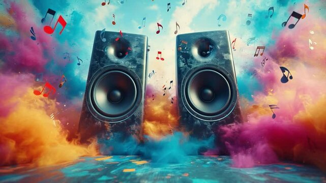 Audio Symphony: A visual ode to sound, two robust speakers stand as central figures, emanating musical notes and vibrant clouds of color, crafting a stunning audio experience.