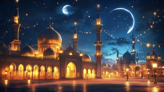 Ramadan kareem mubarak islamic mosque crescent moon night sky eid al fitr celebration background image