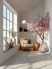 Bright room with armchair window and flowering tree casting shadows on the floor.