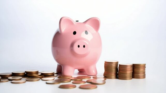 Piggy Bank and Coins: A charming piggy bank, the embodiment of saving, surrounded by a scattering of coins, symbolizing financial growth and security.