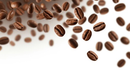 Obraz premium Falling Roasted Coffee Beans Isolated on White Background
